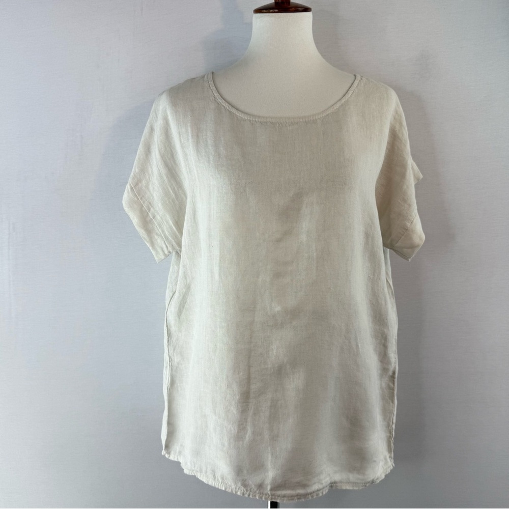 Terzo Millennio Cream Boxy Cuffed Sleeve Italian Linen Top
